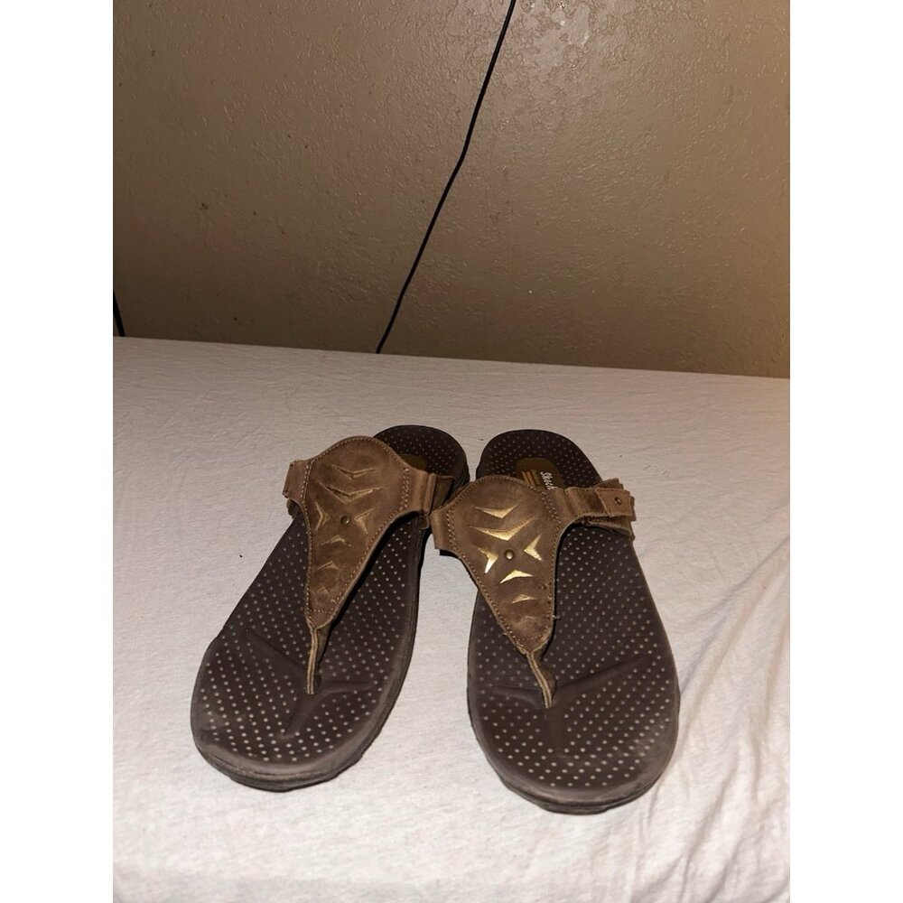 Skechers Women’s 9 Outdoor Reggae Sunshine Brown Leather Flip Flop Sandals